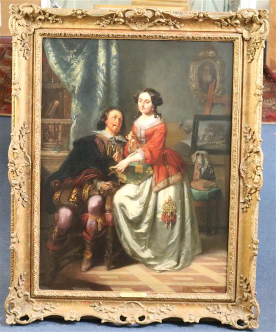 Casimir van den Daele (1818-1880) 17th century interiors with a noble couple and a family, 28 x 21in.